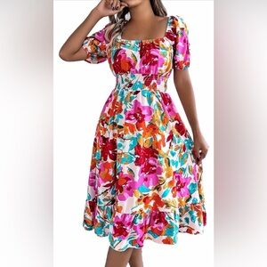 Floral Puff-Sleeve Maxi Dress in Pink & Multi